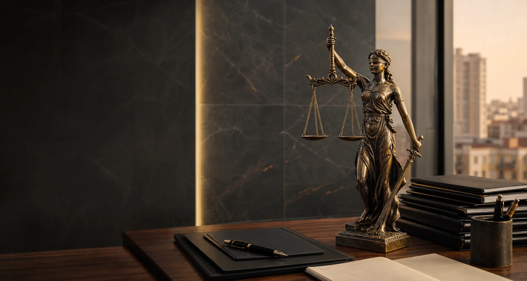 Modern hukuk ofisinde Lady Justice heykeli ve düzenli dosyalar